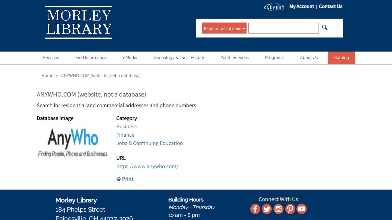 ANYWHO.COM (website, not a database) | Morley Public Library